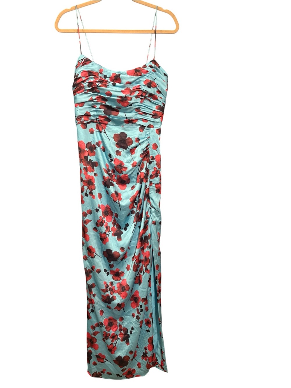 Hutch Luxe Sleeveless Ruched Side-Slit Satin Maxi Dress in Sky Floral Women’s 4 - Picture 8 of 14